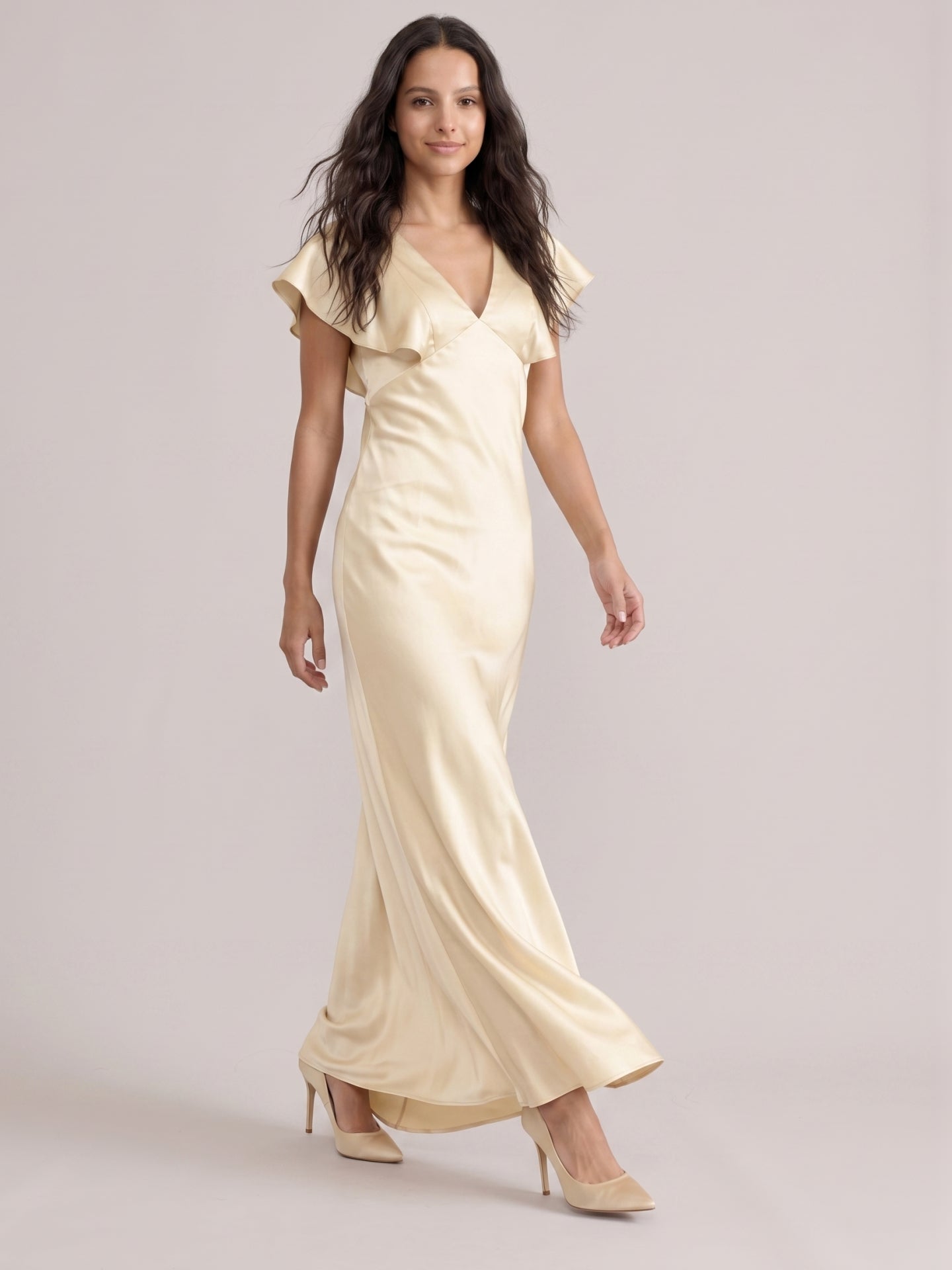 Modest Champagne Satin Sheath V-Neck V-Back Ankle-Length Bridesmaid Dress