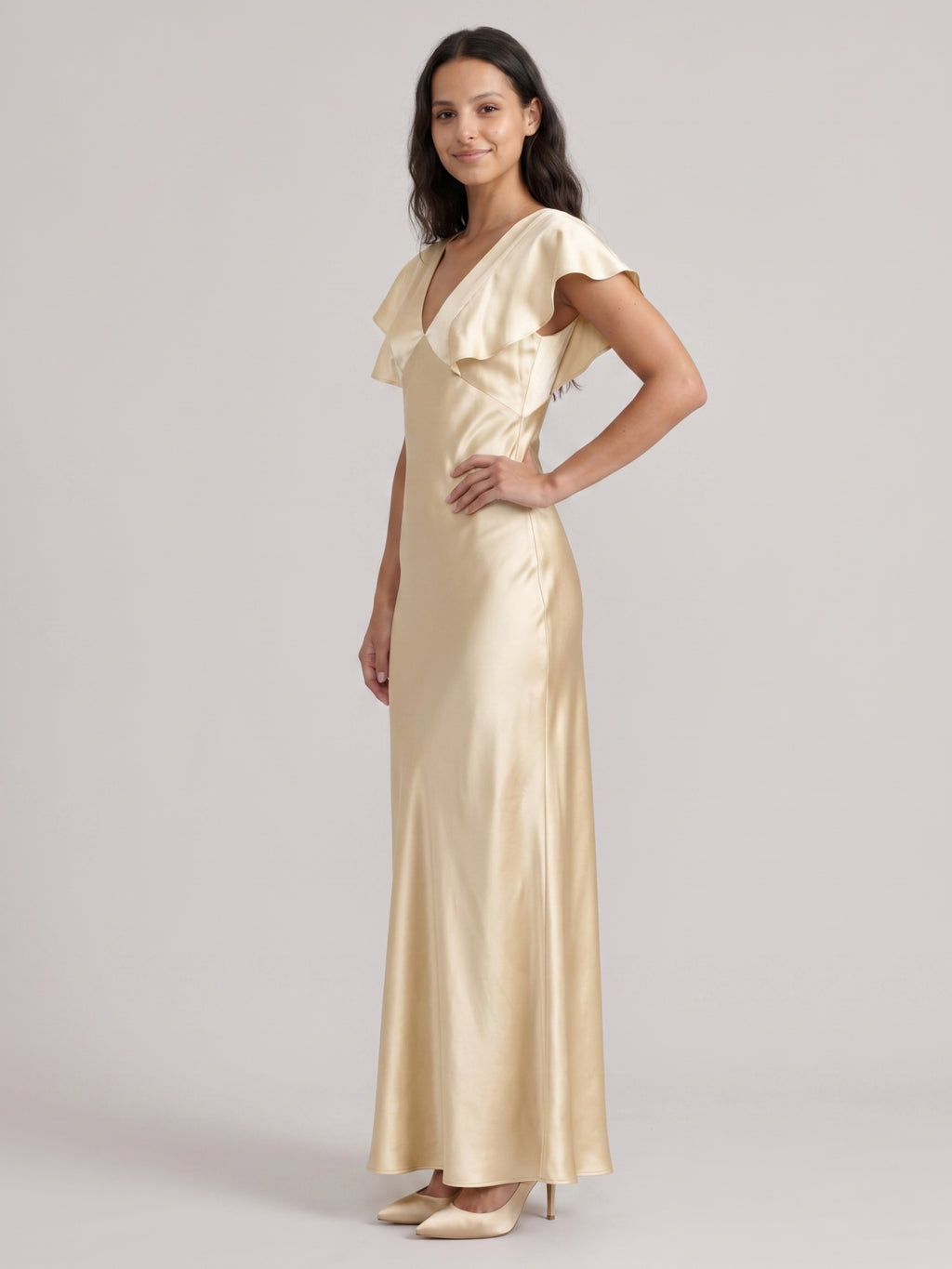 Modest Champagne Satin Sheath V-Neck V-Back Ankle-Length Bridesmaid Dress