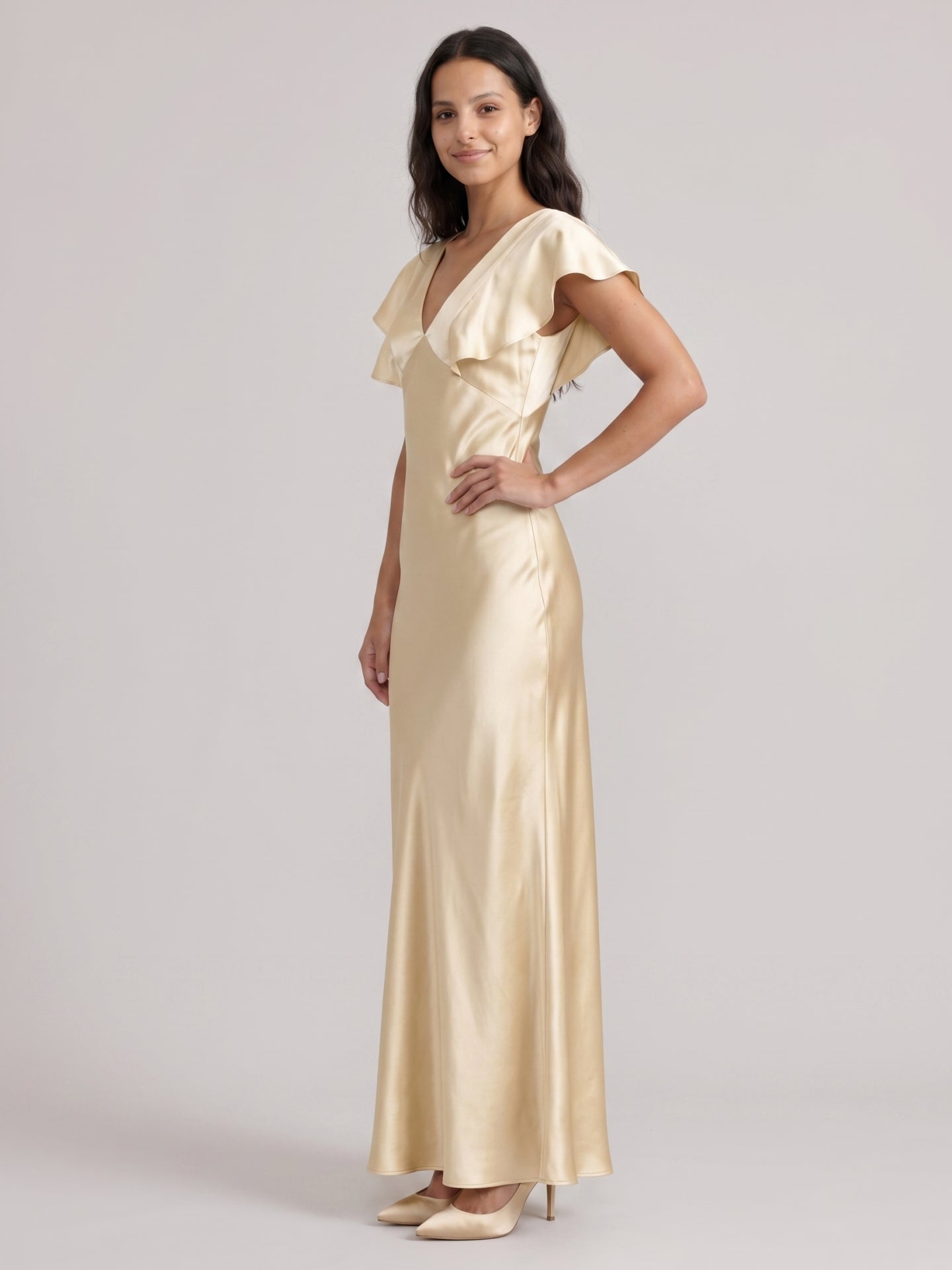 Modest Champagne Satin Sheath V-Neck V-Back Ankle-Length Bridesmaid Dress