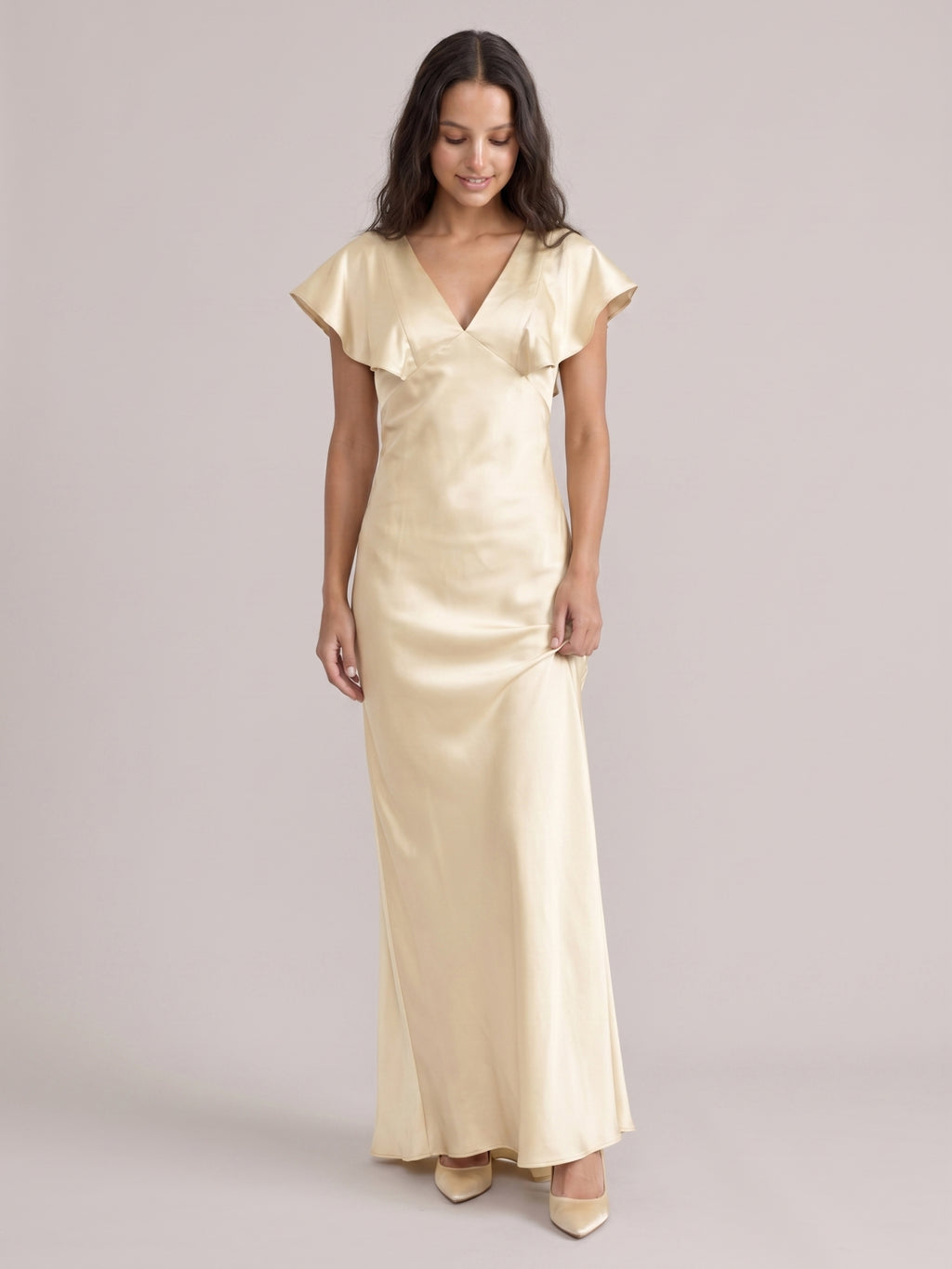 Modest Champagne Satin Sheath V-Neck V-Back Ankle-Length Bridesmaid Dress