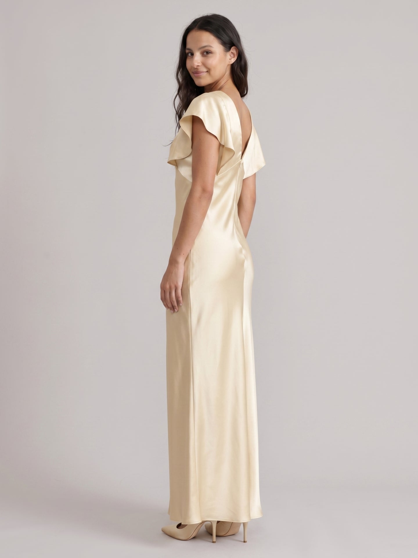 Modest Champagne Satin Sheath V-Neck V-Back Ankle-Length Bridesmaid Dress