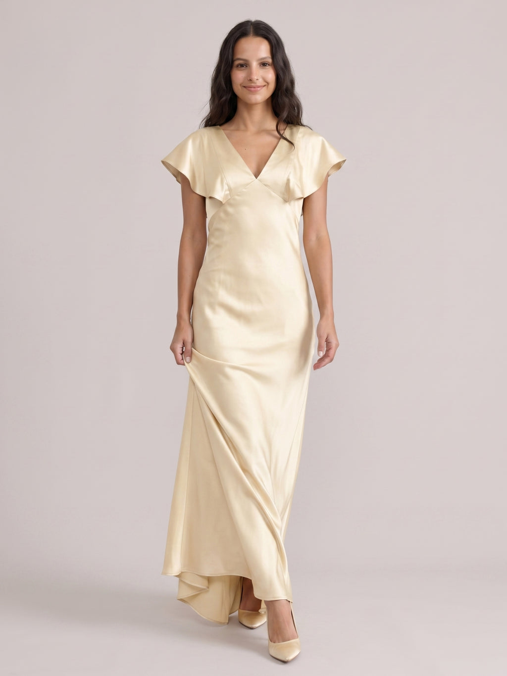 Modest Champagne Satin Sheath V-Neck V-Back Ankle-Length Bridesmaid Dress
