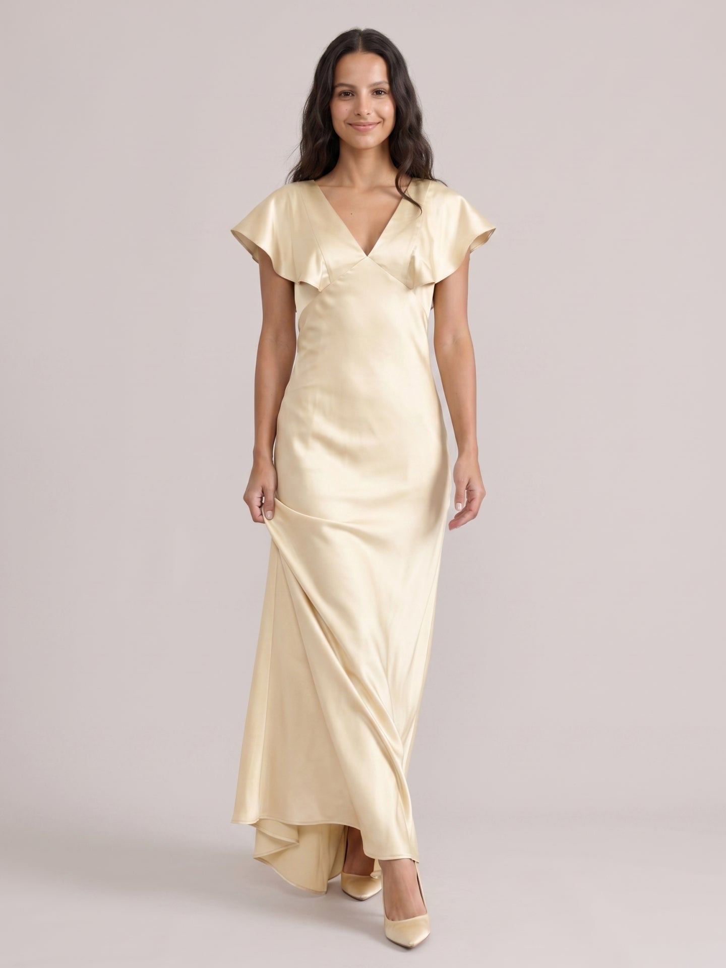 Modest Champagne Satin Sheath V-Neck V-Back Ankle-Length Bridesmaid Dress