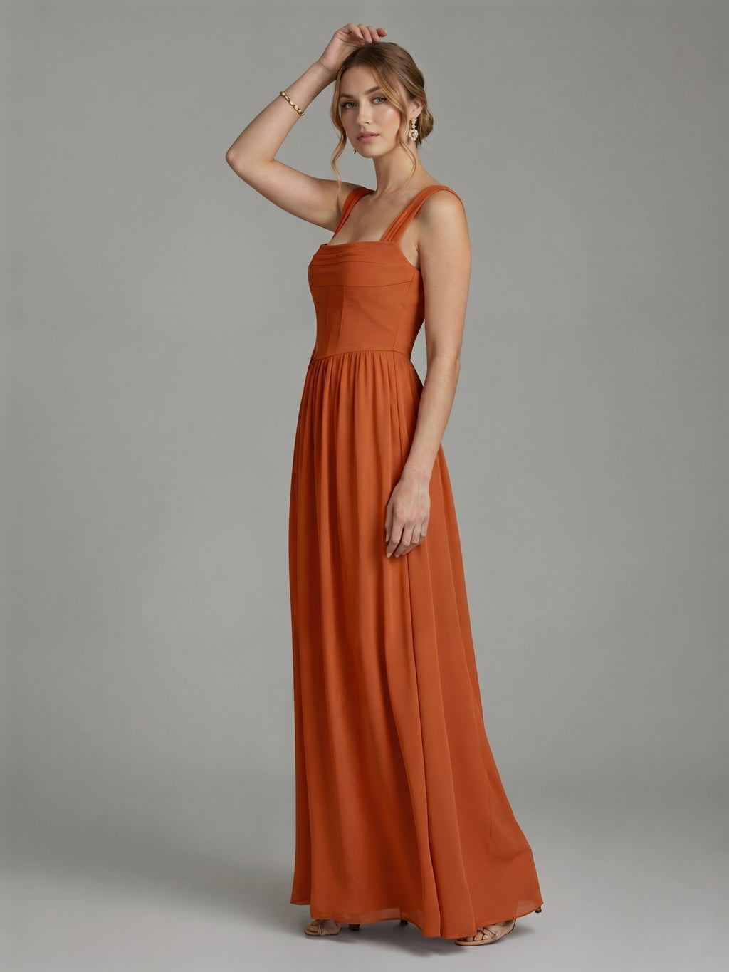 Modest Cinnamon Chiffon A-Line Straight Neck Ankle-Length Bridesmaid Dress
