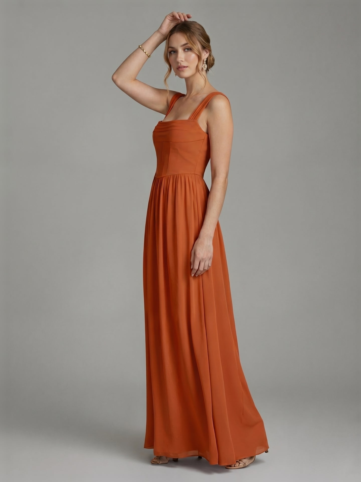Modest Cinnamon Chiffon A-Line Straight Neck Ankle-Length Bridesmaid Dress