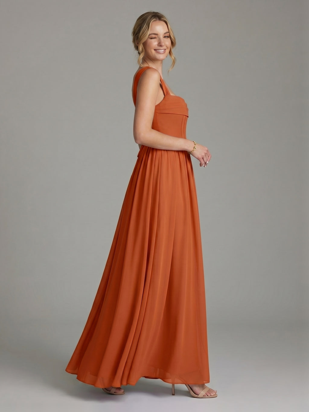 Modest Cinnamon Chiffon A-Line Straight Neck Ankle-Length Bridesmaid Dress