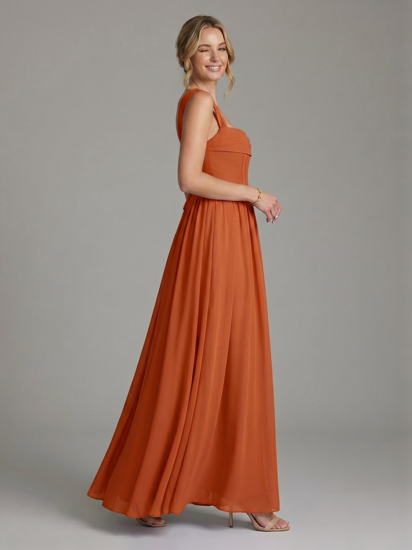 Modest Cinnamon Chiffon A-Line Straight Neck Ankle-Length Bridesmaid Dress