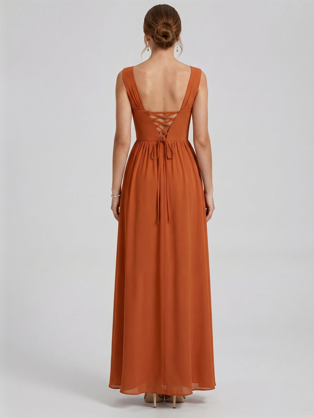 Modest Cinnamon Chiffon A-Line Straight Neck Ankle-Length Bridesmaid Dress