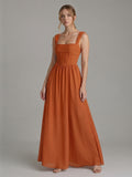 Modest Cinnamon Chiffon A-Line Straight Neck Ankle-Length Bridesmaid Dress