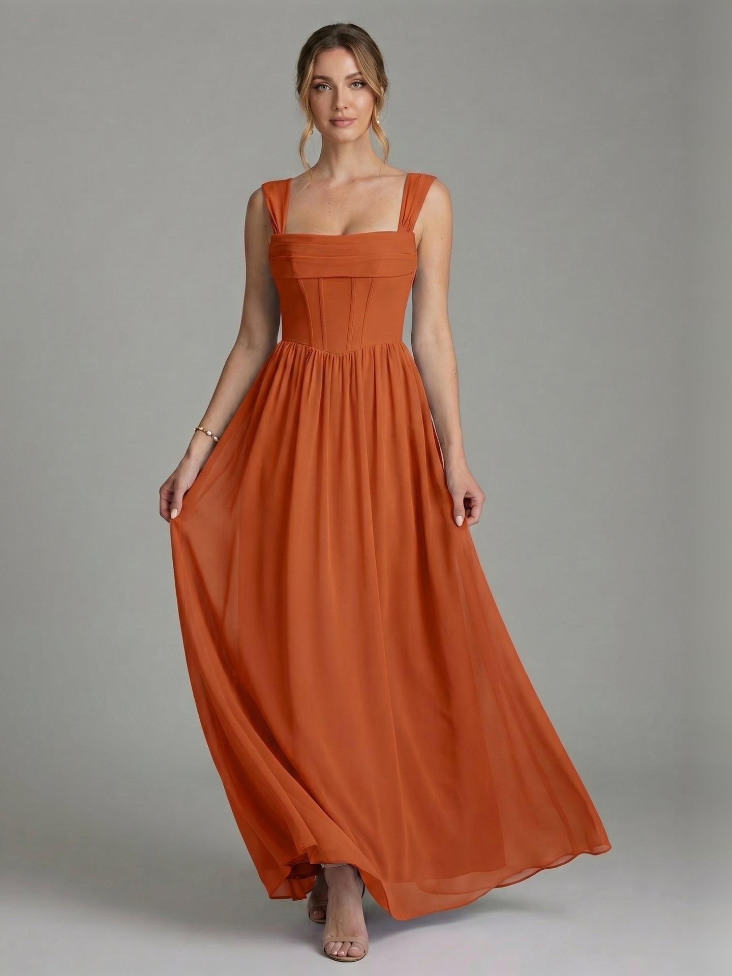 Modest Cinnamon Chiffon A-Line Straight Neck Ankle-Length Bridesmaid Dress