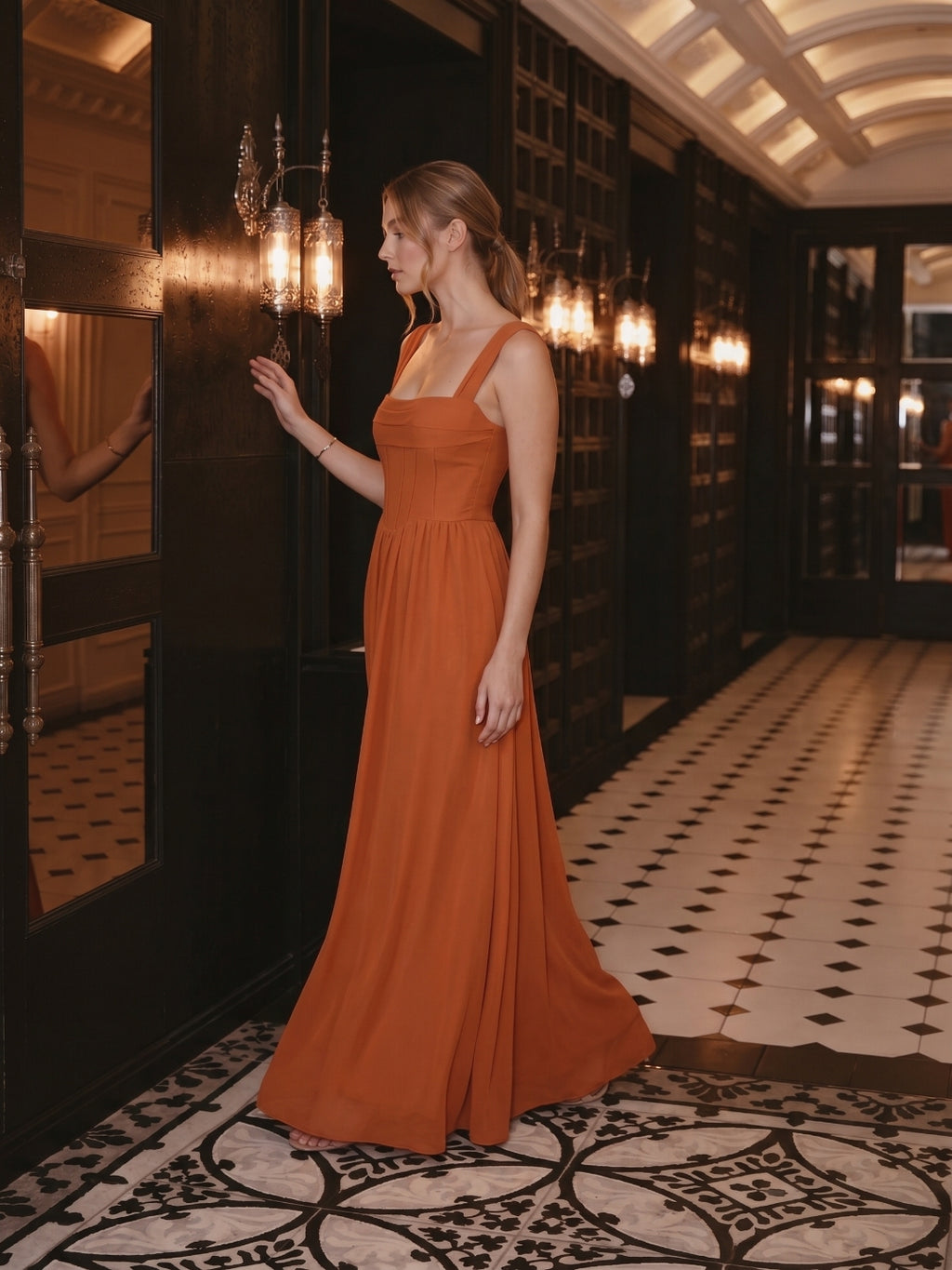 Modest Cinnamon Chiffon A-Line Straight Neck Ankle-Length Bridesmaid Dress