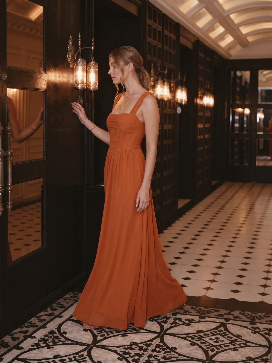 Modest Cinnamon Chiffon A-Line Straight Neck Ankle-Length Bridesmaid Dress