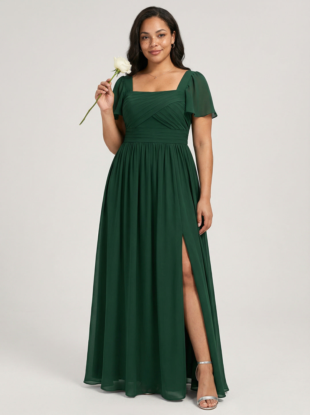 Modest Hunter Green Chiffon A-Line Square Neck Back Zip with Pleated Ankle-Length Bridesmaid Dress