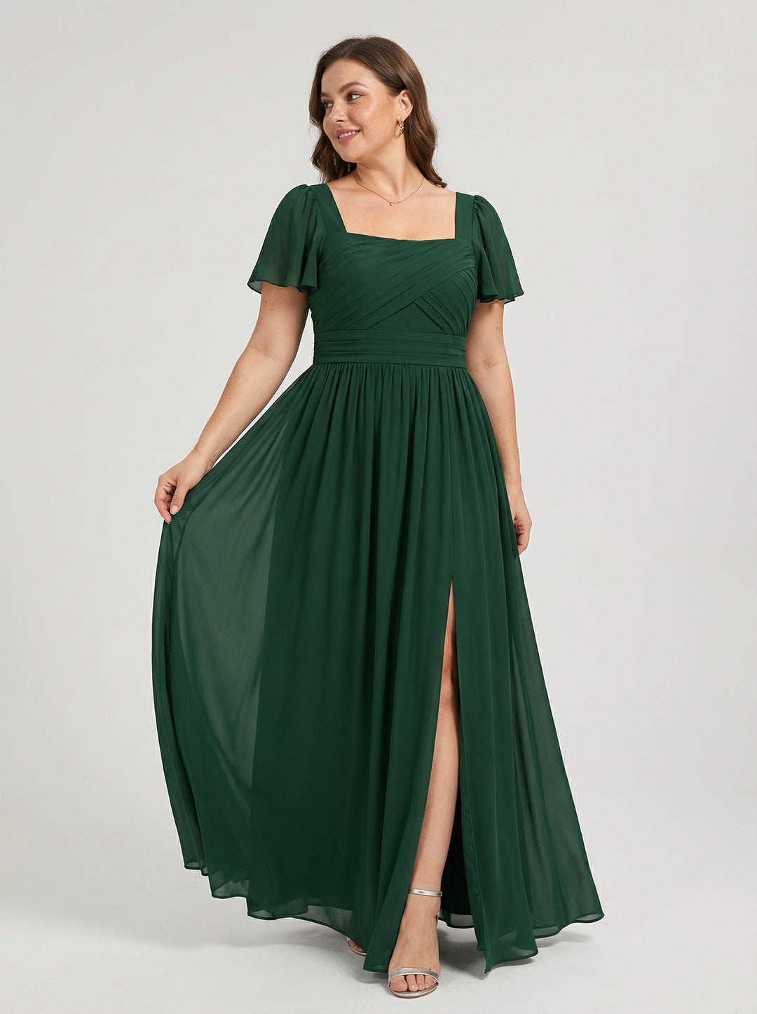 Modest Hunter Green Chiffon A-Line Square Neck Back Zip with Pleated Ankle-Length Bridesmaid Dress
