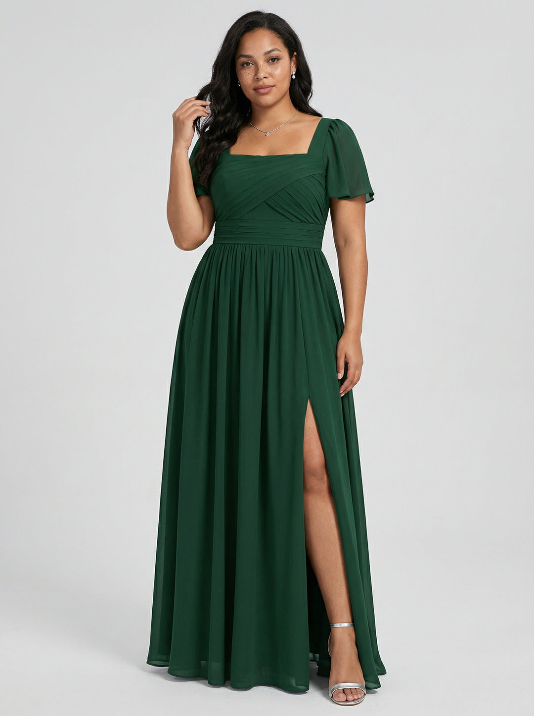 Modest Hunter Green Chiffon A-Line Square Neck Back Zip with Pleated Ankle-Length Bridesmaid Dress