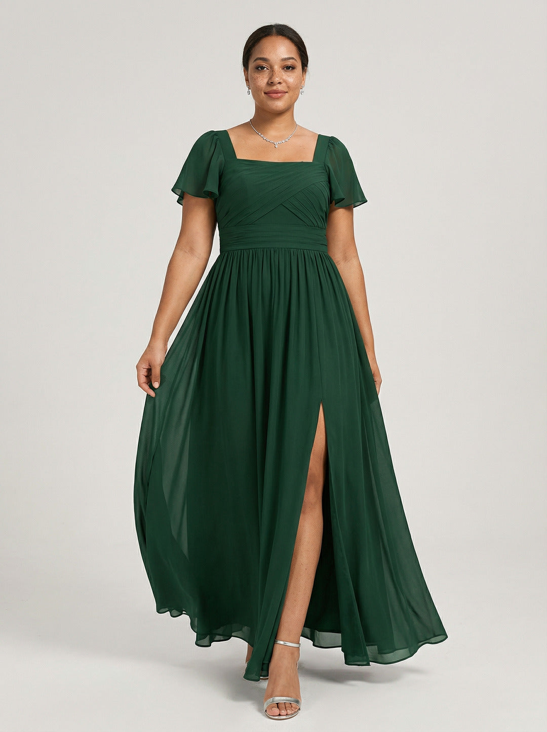 Modest Hunter Green Chiffon A-Line Square Neck Back Zip with Pleated Ankle-Length Bridesmaid Dress
