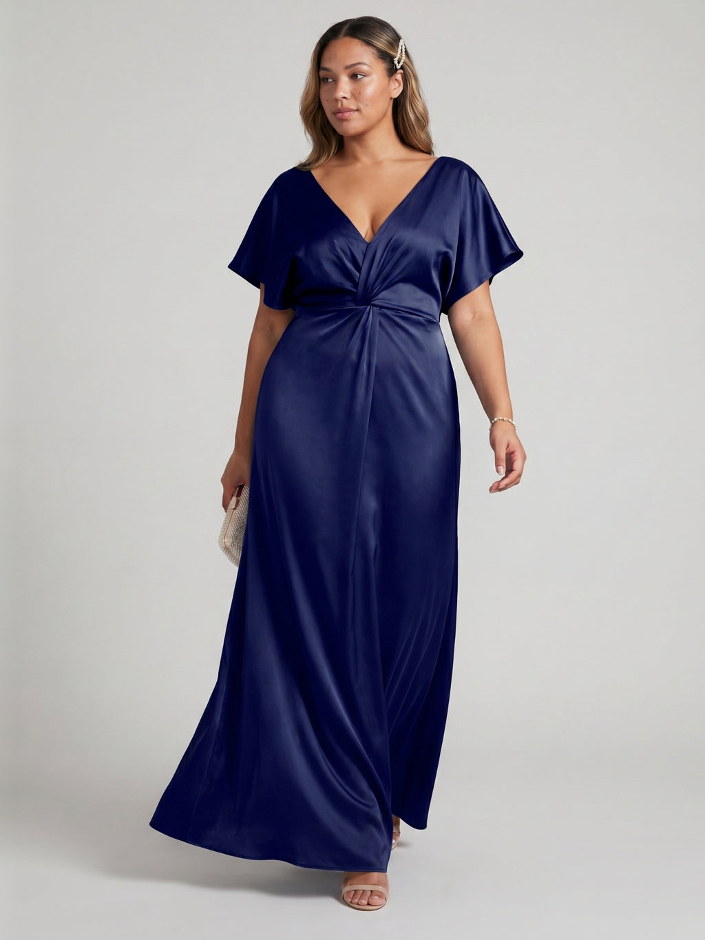 Modest Dark Navy Satin Empire V-Neck V-Back Ankle-Length Bridesmaid Dress