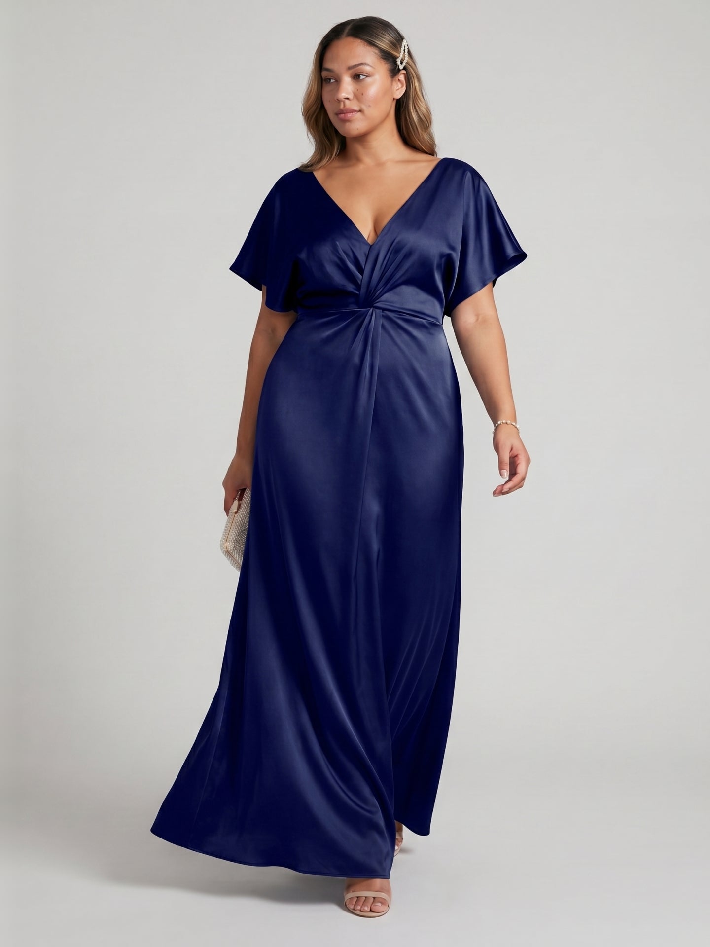 Modest Dark Navy Satin Empire V-Neck V-Back Ankle-Length Bridesmaid Dress