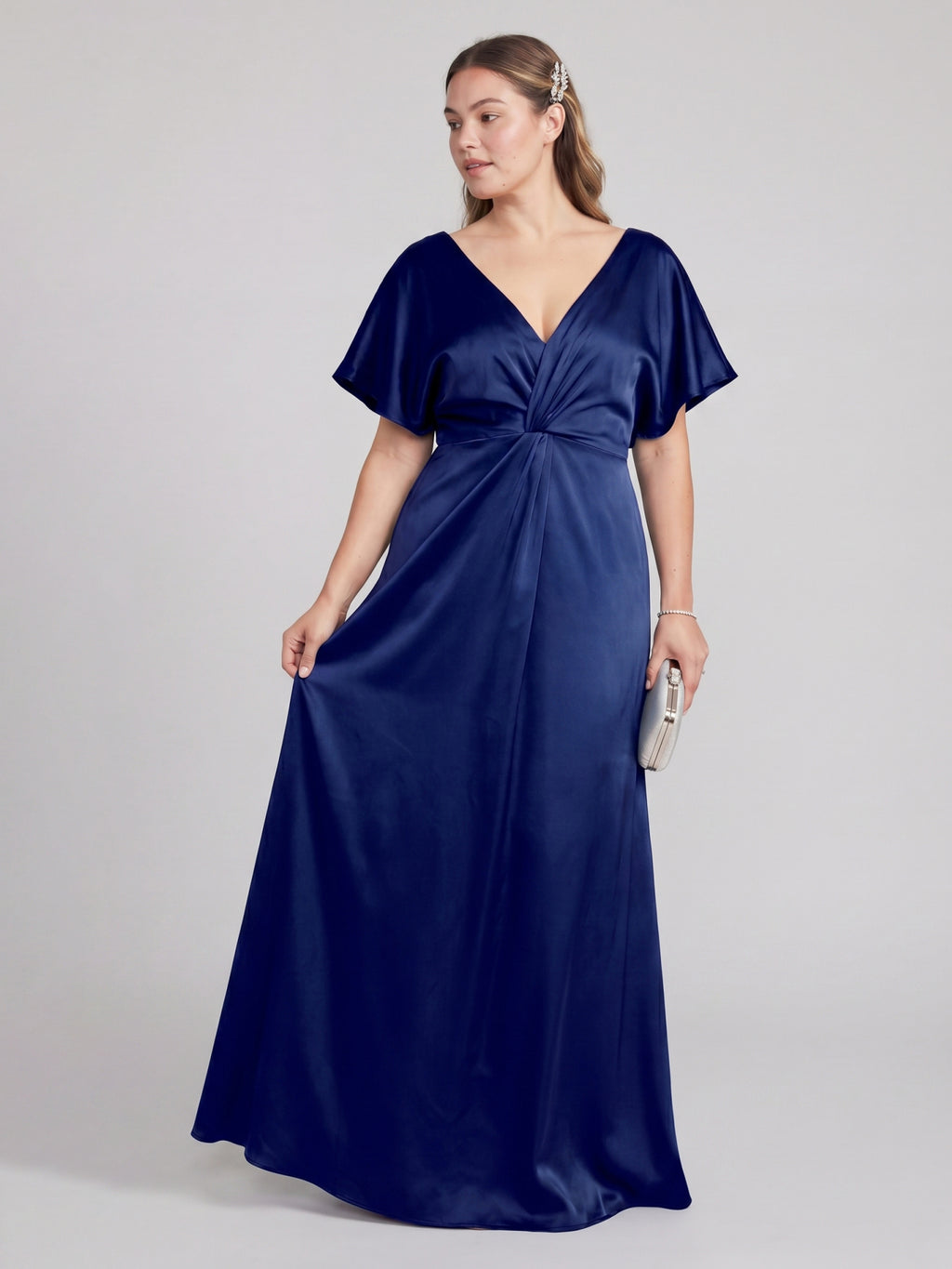 Modest Dark Navy Satin Empire V-Neck V-Back Ankle-Length Bridesmaid Dress