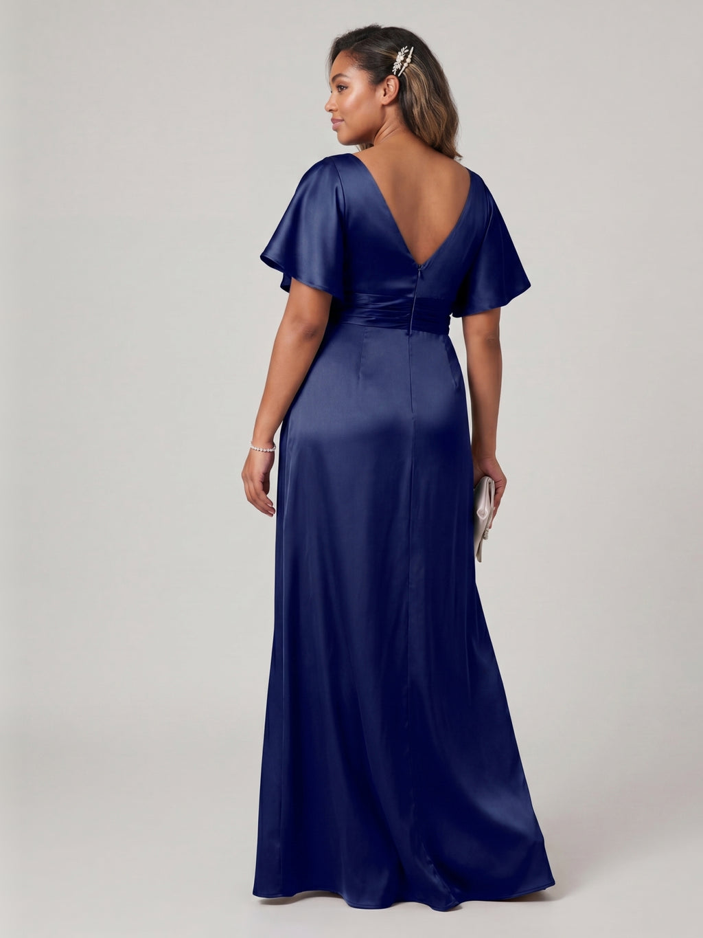 Modest Dark Navy Satin Empire V-Neck V-Back Ankle-Length Bridesmaid Dress