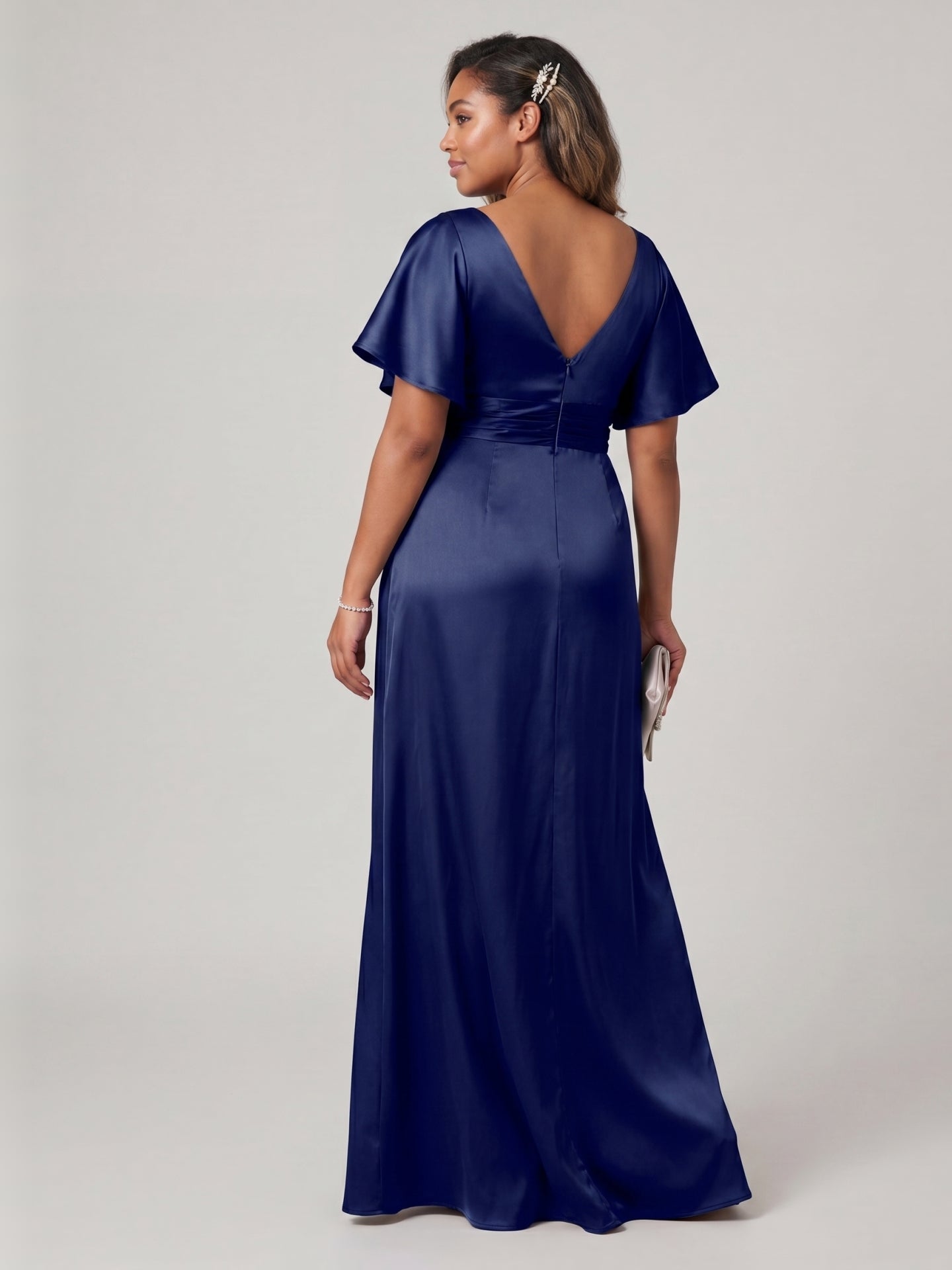 Modest Dark Navy Satin Empire V-Neck V-Back Ankle-Length Bridesmaid Dress