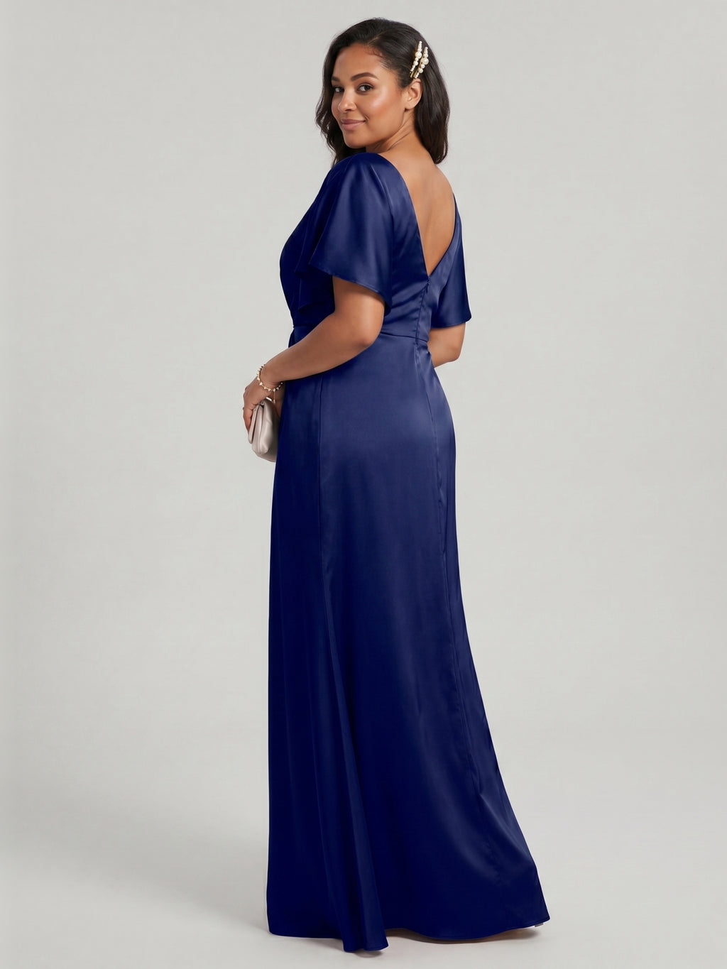 Modest Dark Navy Satin Empire V-Neck V-Back Ankle-Length Bridesmaid Dress