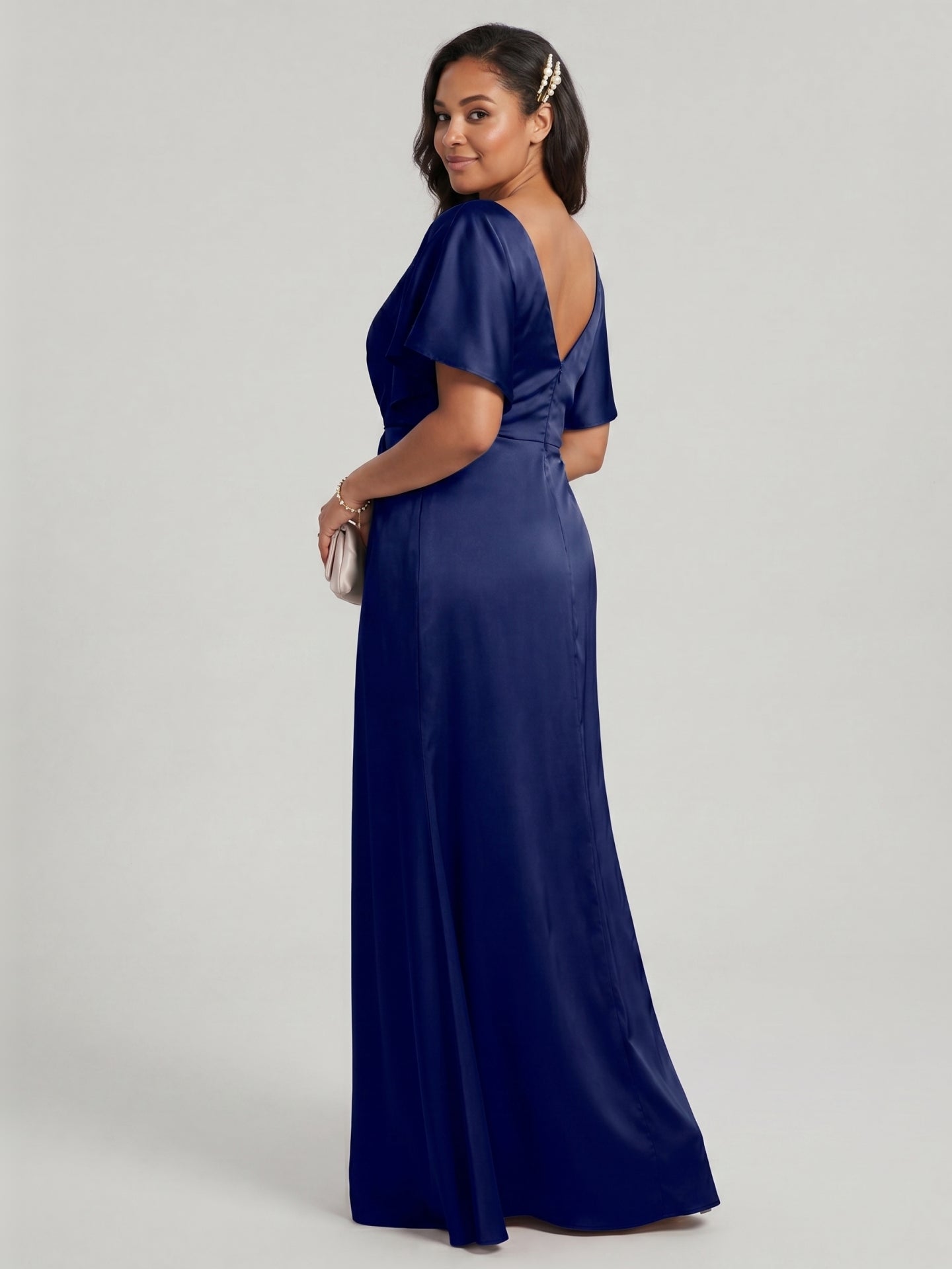 Modest Dark Navy Satin Empire V-Neck V-Back Ankle-Length Bridesmaid Dress