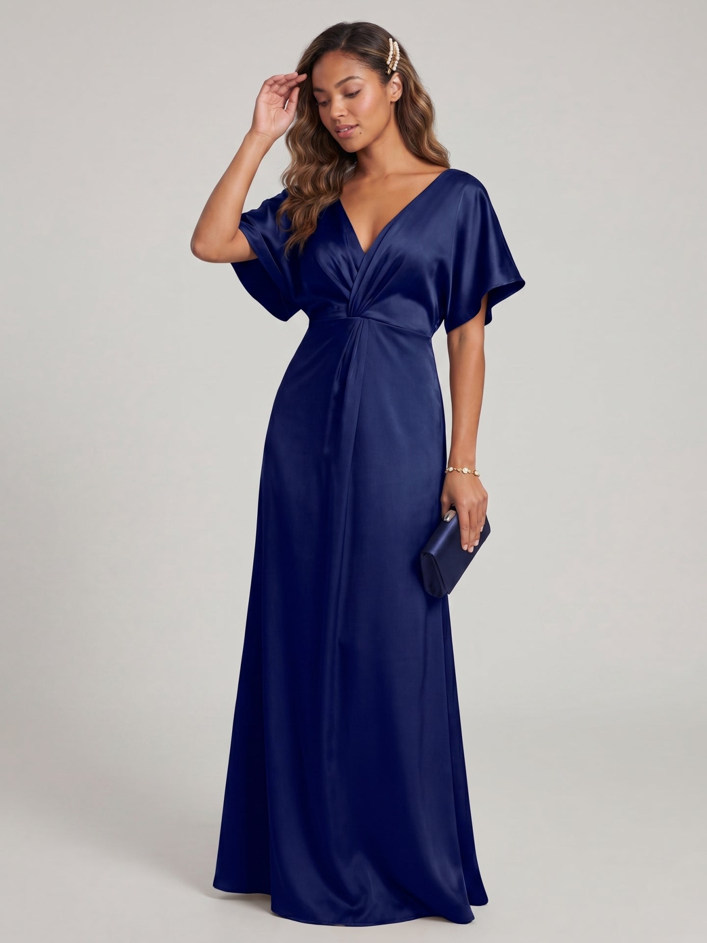 Modest Dark Navy Satin Empire V-Neck V-Back Ankle-Length Bridesmaid Dress