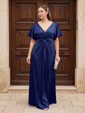 Modest Dark Navy Satin Empire V-Neck V-Back Ankle-Length Bridesmaid Dress