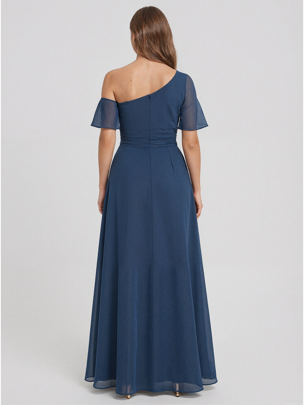 Modest Deep Sea Chiffon A-Line One Shoulder Back Zip with nan Ankle-Length Plus Size Bridesmaid Dress
