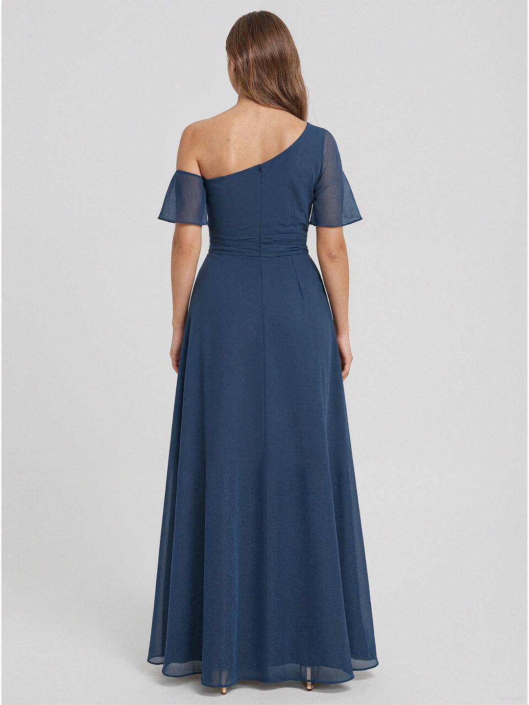 Modest Deep Sea Chiffon A-Line One Shoulder Back Zip with nan Ankle-Length Plus Size Bridesmaid Dress