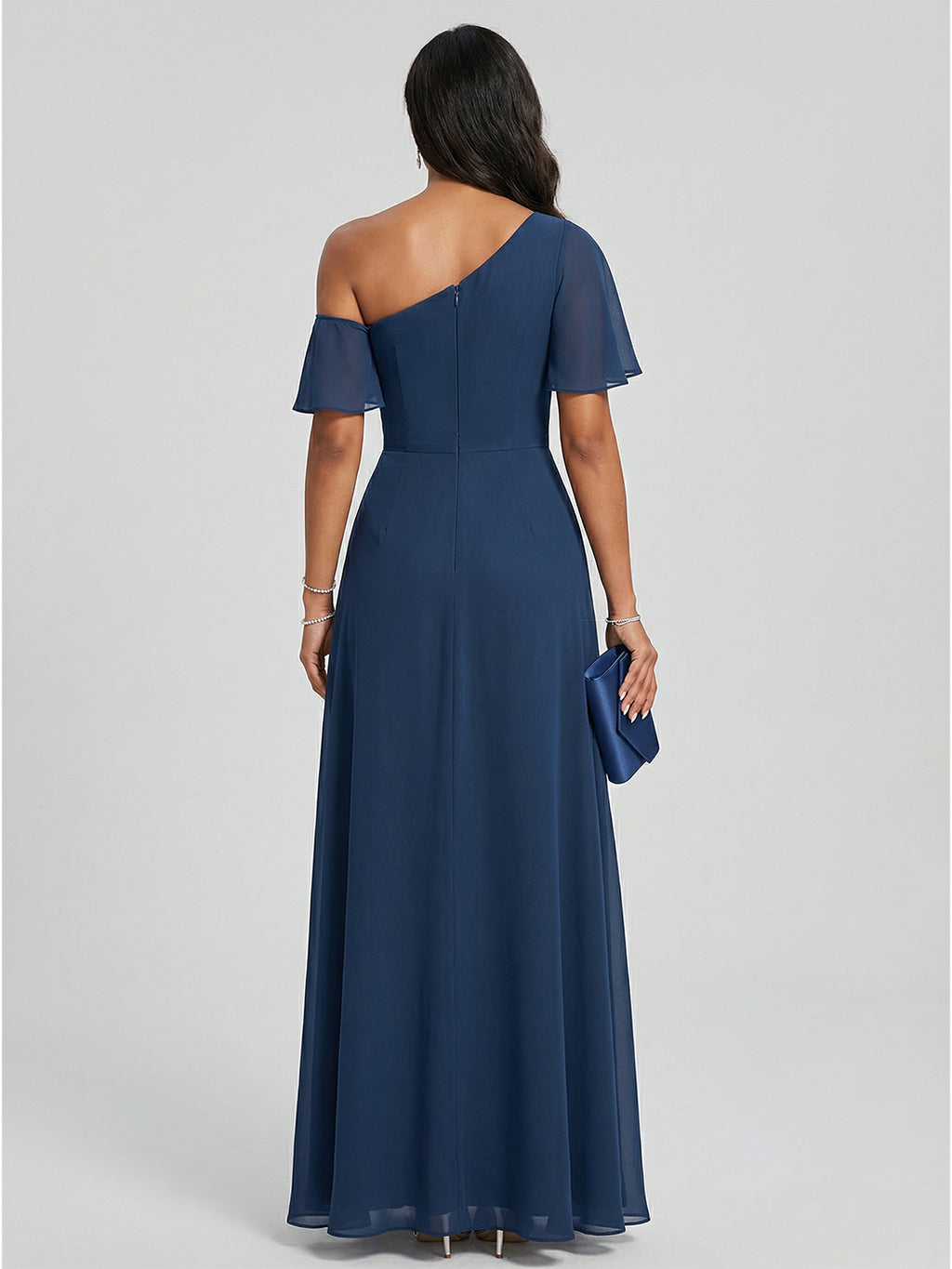 Modest Deep Sea Chiffon A-Line One Shoulder Back Zip with nan Ankle-Length Plus Size Bridesmaid Dress