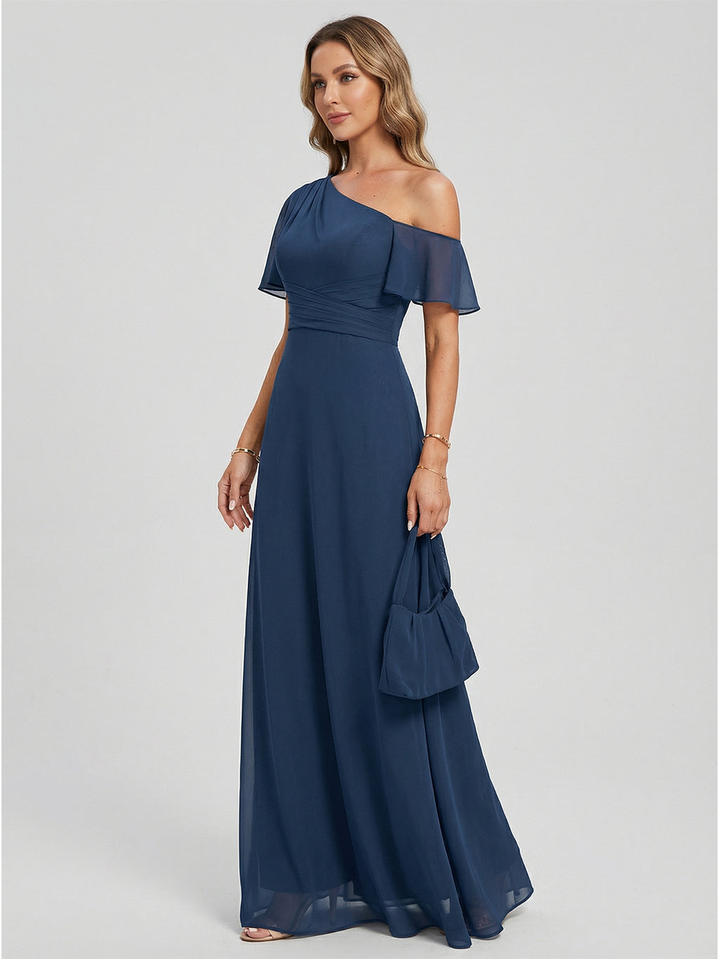 Modest Deep Sea Chiffon A-Line One Shoulder Back Zip with nan Ankle-Length Plus Size Bridesmaid Dress