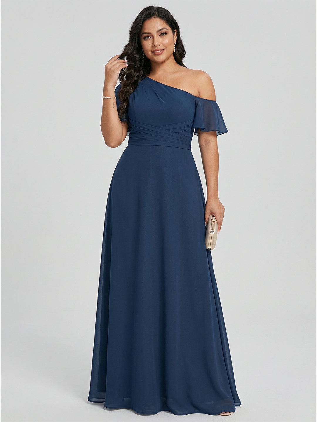 Modest Deep Sea Chiffon A-Line One Shoulder Back Zip with nan Ankle-Length Plus Size Bridesmaid Dress