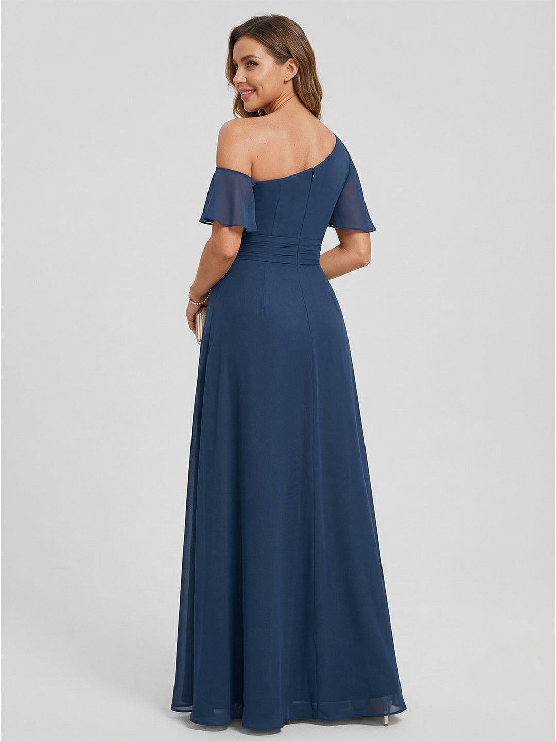 Modest Deep Sea Chiffon A-Line One Shoulder Back Zip with nan Ankle-Length Plus Size Bridesmaid Dress