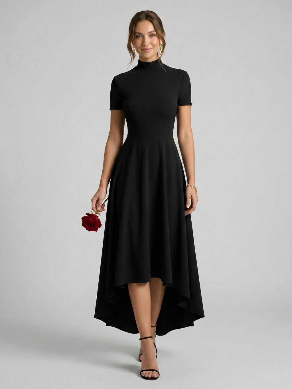 Modest Black Stretch Knit A-Line Scoop Neck Back Zip Asymmetrical Hem Bridesmaid Dress