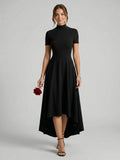 Modest Black Stretch Knit A-Line Scoop Neck Back Zip Asymmetrical Hem Bridesmaid Dress