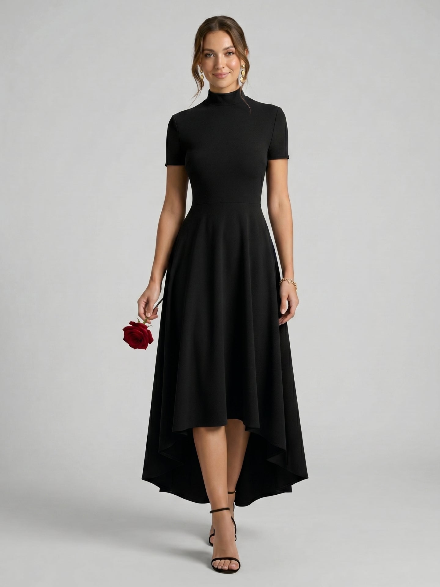 Modest Black Stretch Knit A-Line Scoop Neck Back Zip Asymmetrical Hem Bridesmaid Dress