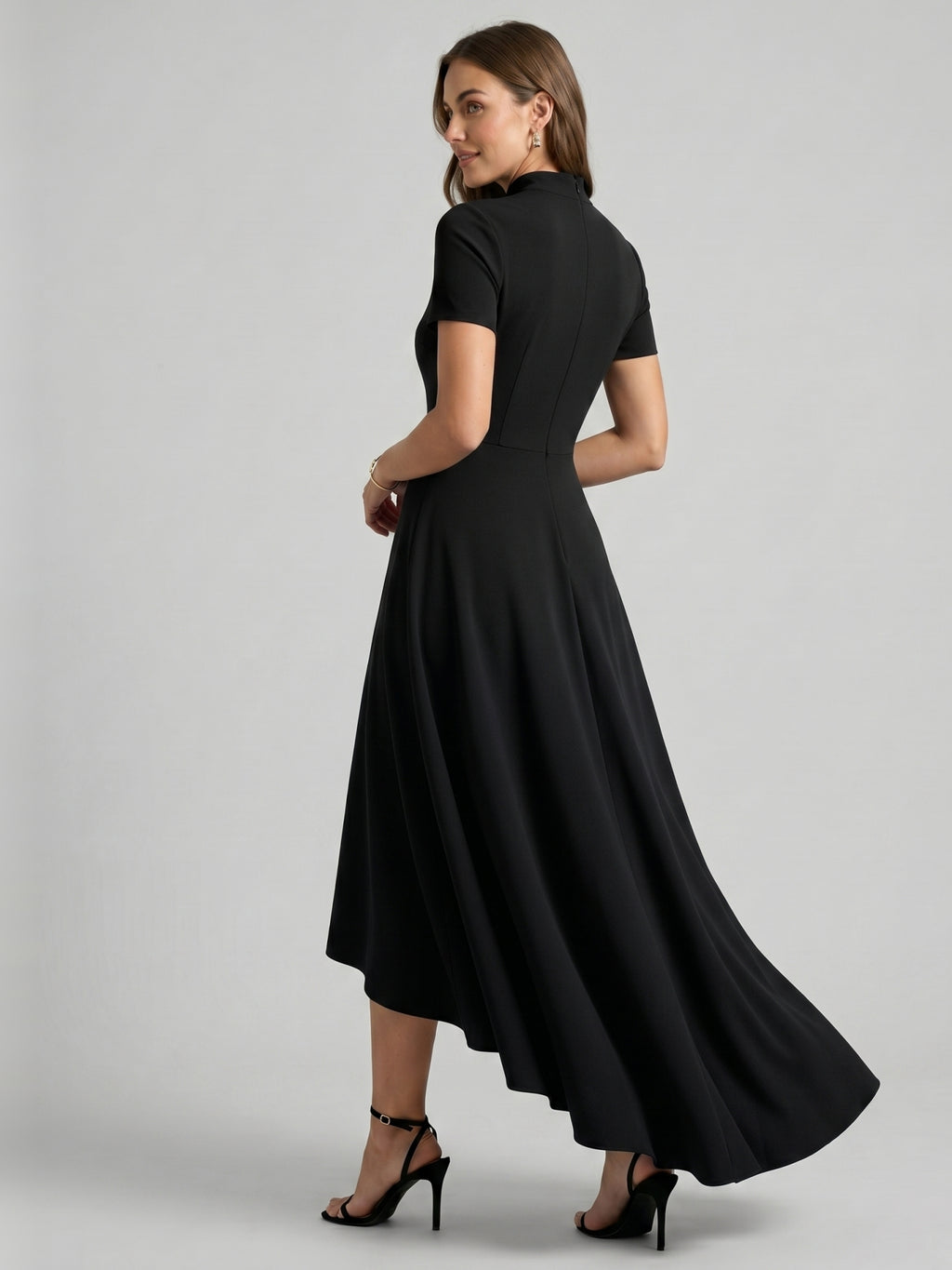 Modest Black Stretch Knit A-Line Scoop Neck Back Zip Asymmetrical Hem Bridesmaid Dress
