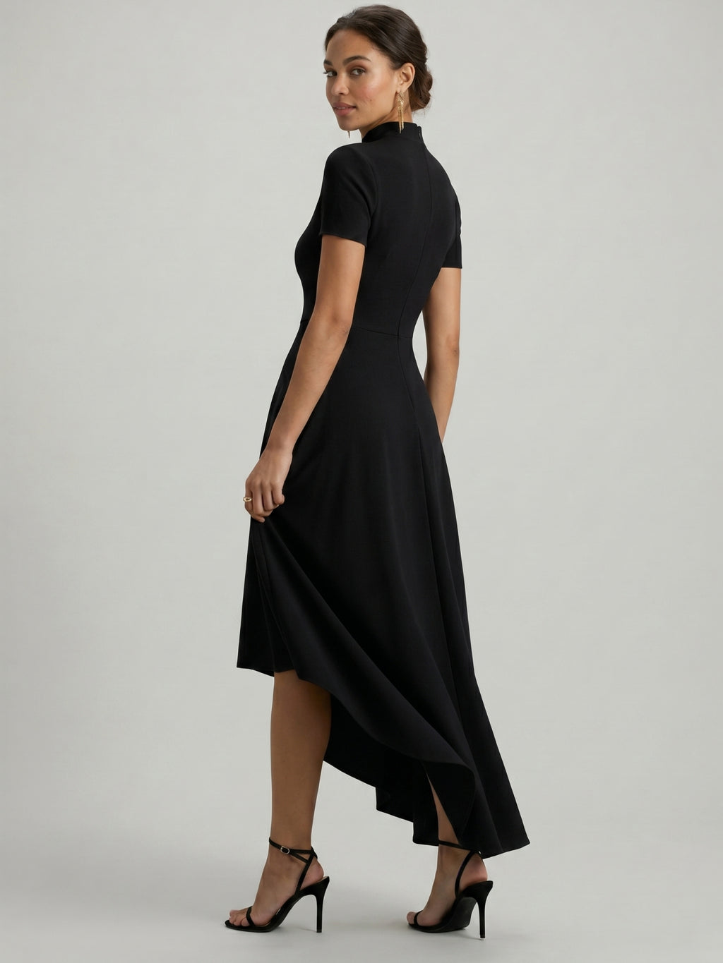 Modest Black Stretch Knit A-Line Scoop Neck Back Zip Asymmetrical Hem Bridesmaid Dress