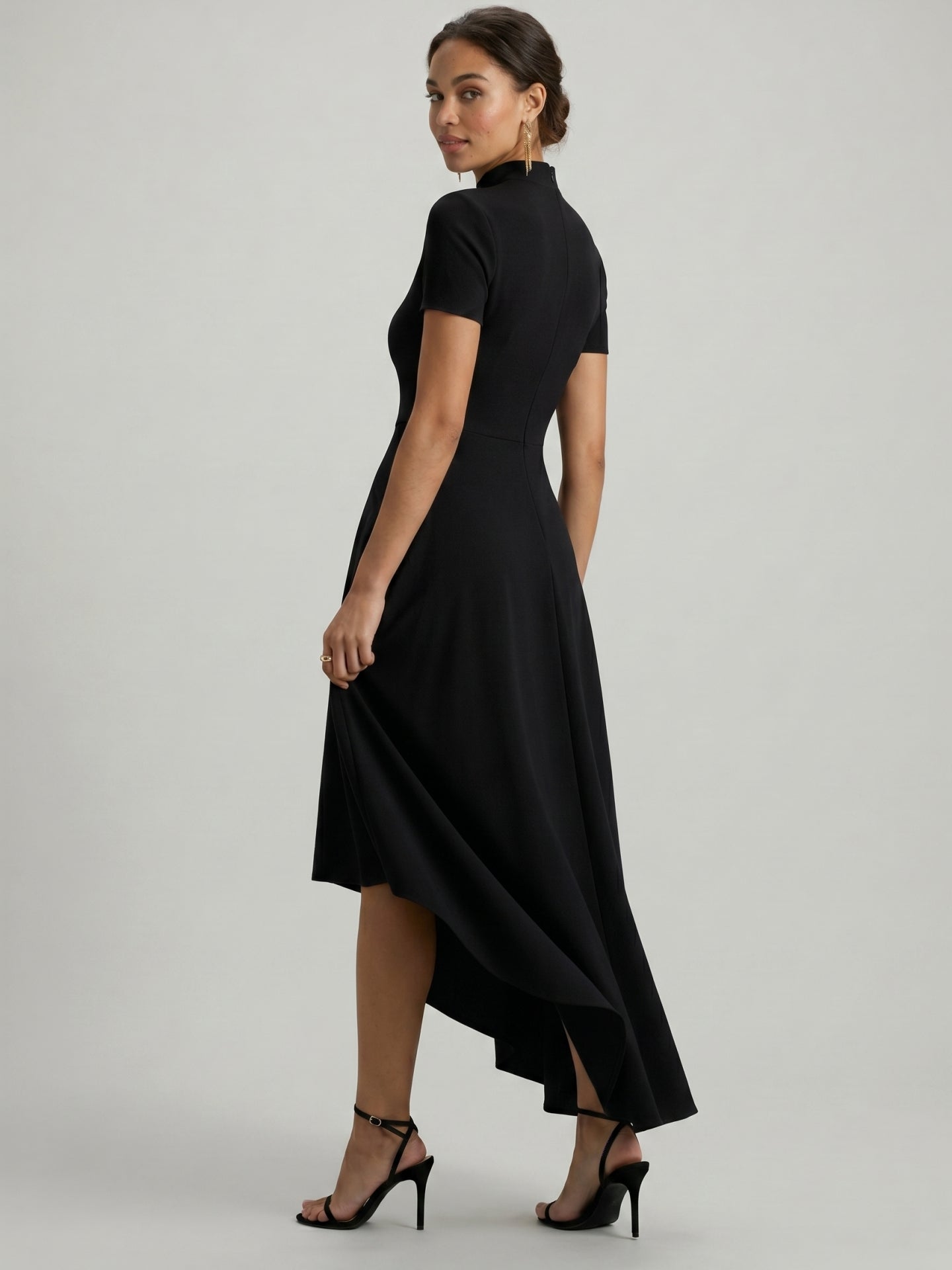 Modest Black Stretch Knit A-Line Scoop Neck Back Zip Asymmetrical Hem Bridesmaid Dress