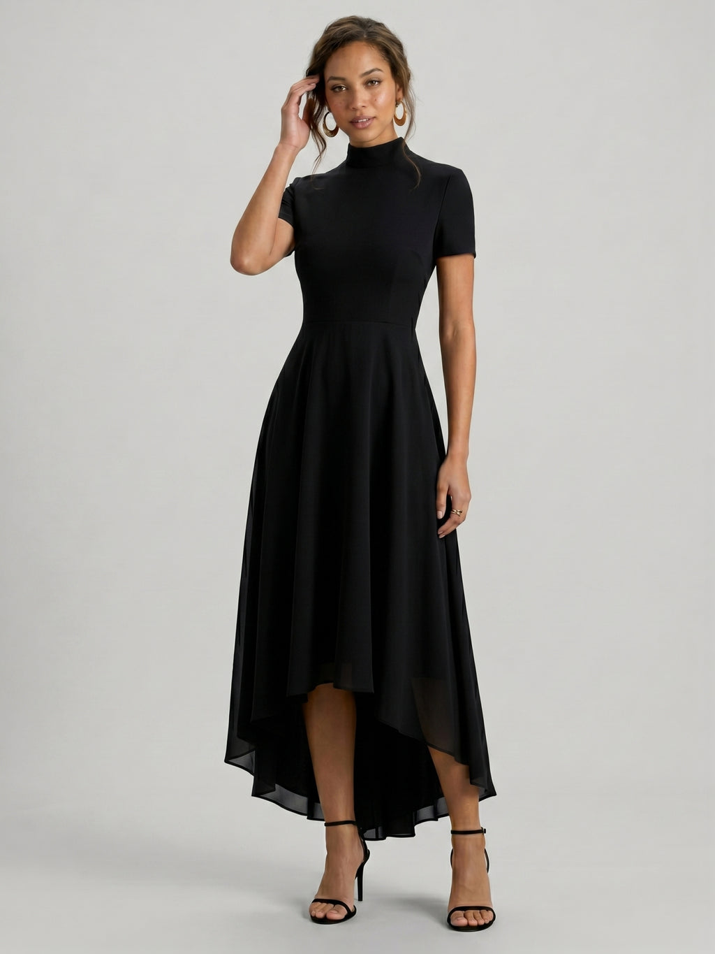 Modest Black Stretch Knit A-Line Scoop Neck Back Zip Asymmetrical Hem Bridesmaid Dress