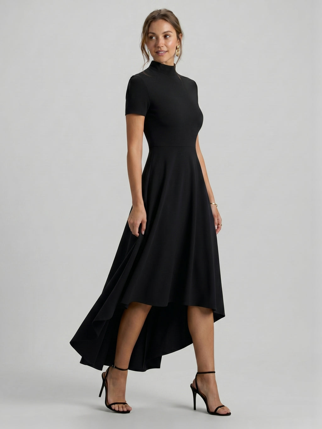 Modest Black Stretch Knit A-Line Scoop Neck Back Zip Asymmetrical Hem Bridesmaid Dress