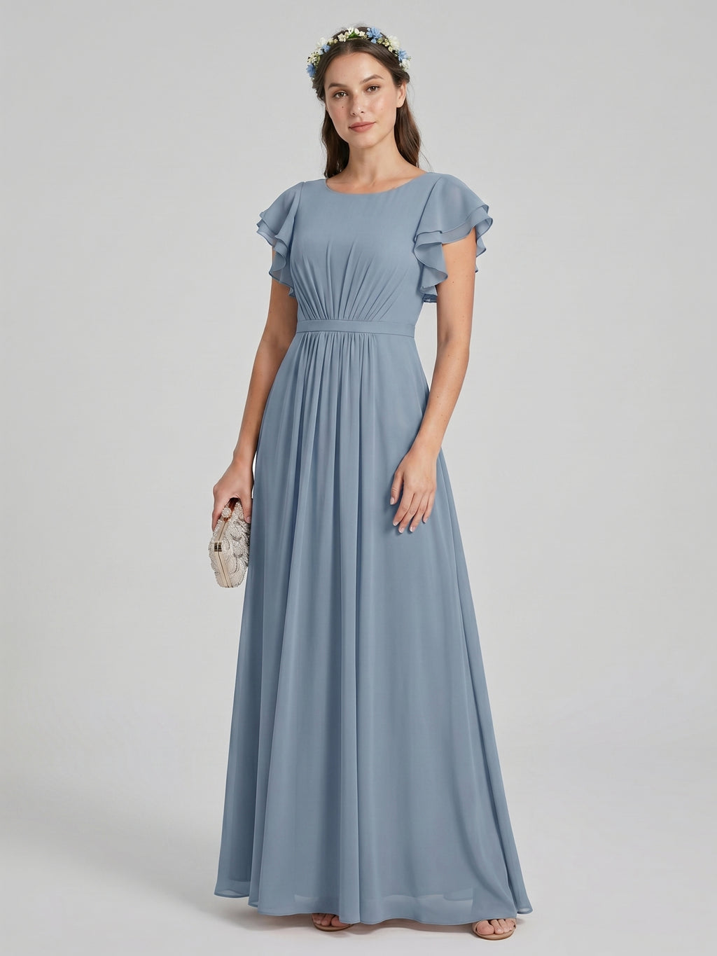 Modest Dusty Blue Chiffon A-Line Scoop Neck Back Zip Ankle-Length Bridesmaid Dress
