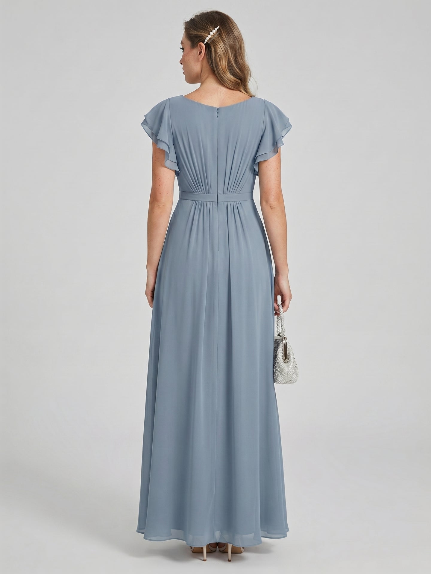 Modest Dusty Blue Chiffon A-Line Scoop Neck Back Zip Ankle-Length Bridesmaid Dress