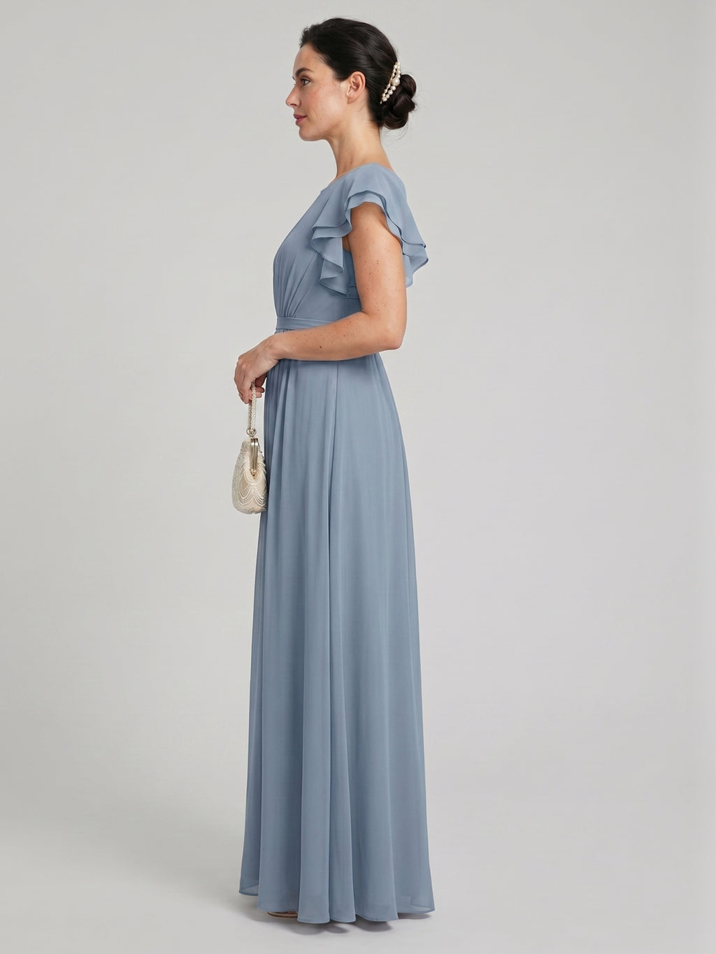 Modest Dusty Blue Chiffon A-Line Scoop Neck Back Zip Ankle-Length Bridesmaid Dress