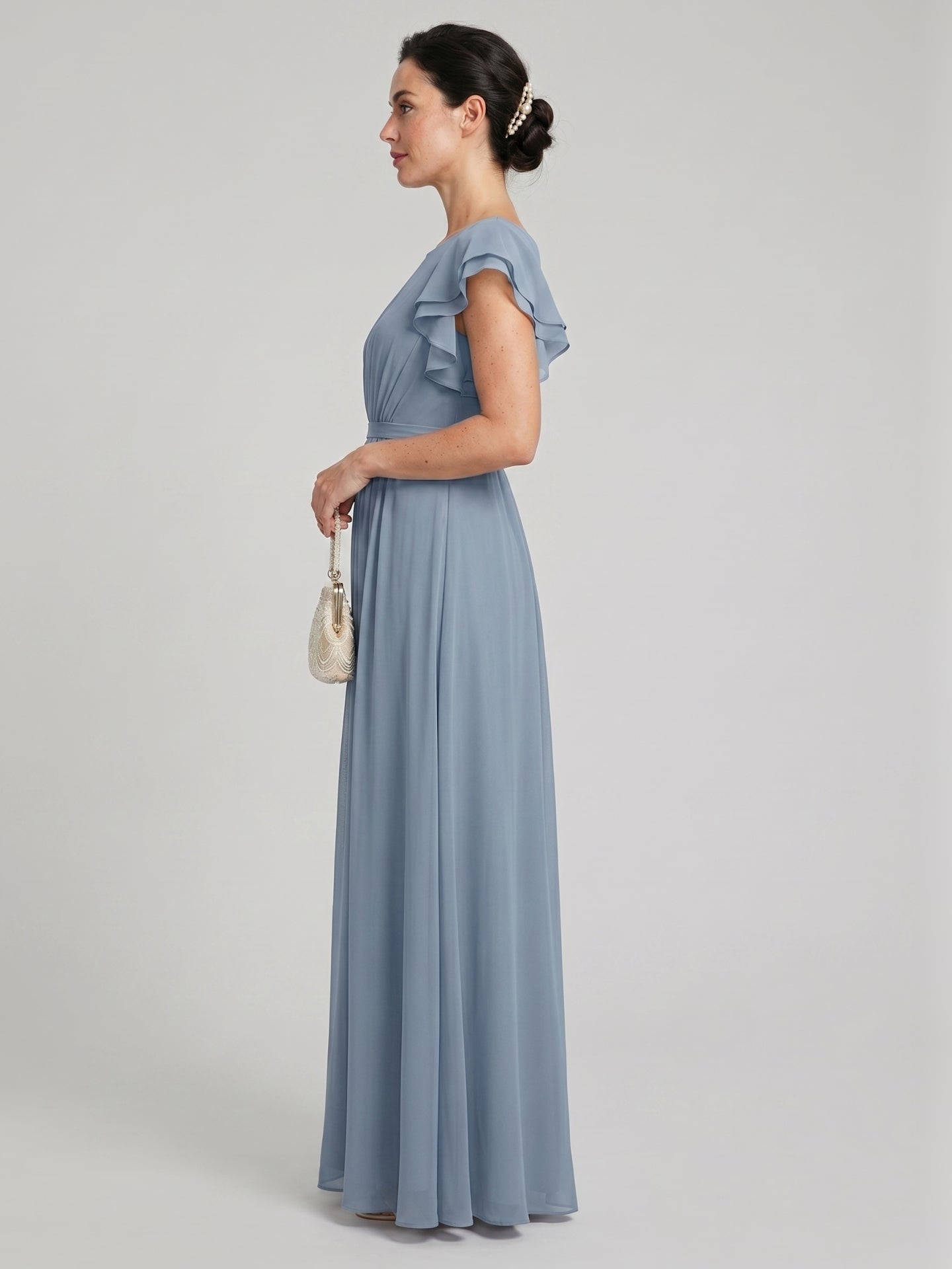 Modest Dusty Blue Chiffon A-Line Scoop Neck Back Zip Ankle-Length Bridesmaid Dress