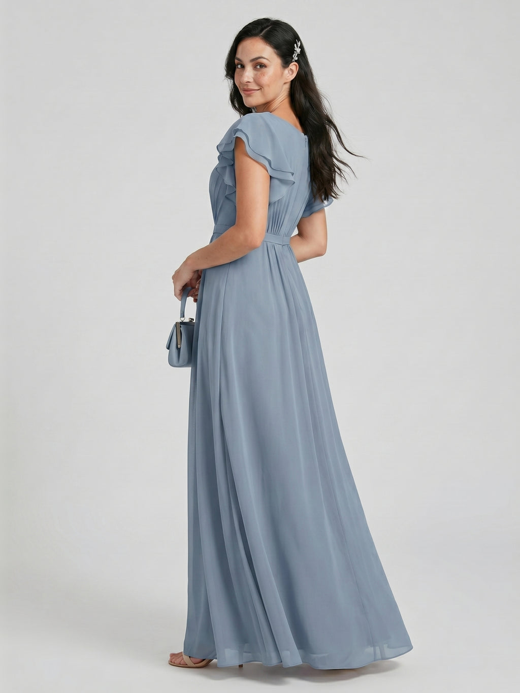 Modest Dusty Blue Chiffon A-Line Scoop Neck Back Zip Ankle-Length Bridesmaid Dress