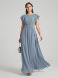 Modest Dusty Blue Chiffon A-Line Scoop Neck Back Zip Ankle-Length Bridesmaid Dress