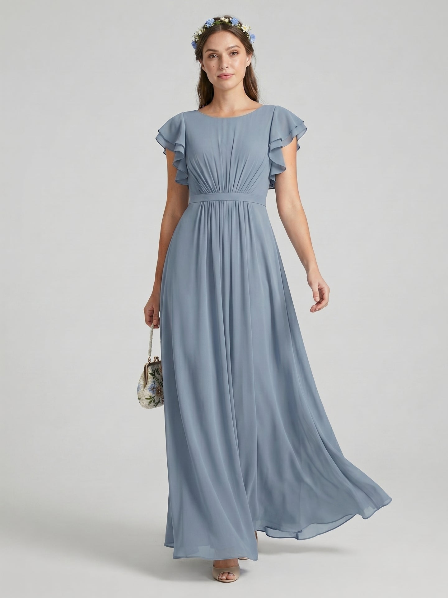 Modest Dusty Blue Chiffon A-Line Scoop Neck Back Zip Ankle-Length Bridesmaid Dress